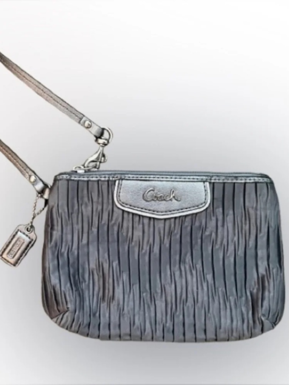 Coach Ashley Grey Pleated Satin Medium Wristlet w/ Silver Hardware & Trim
